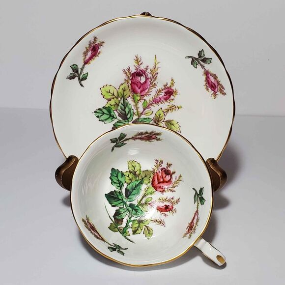 Royal Chelsea Teacup and Saucer Moss Rose Pink Vintage - Picture 10 of 10